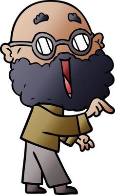 cartoon joyful man with beard pointing finger