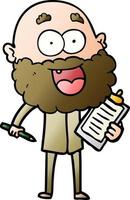 cartoon crazy happy man with beard and clip board for notes vector