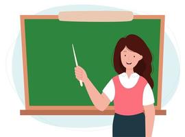 Female teacher in classroom. Woman pointing something on a chalkboard with a pointer. School and learning concept. Teachers day. vector