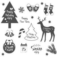 Set of Christmas inscriptions, black and white vector illustration