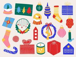 año nuevo establece elementos navideños en estilo dibujado a mano. iconos aislados, pegatinas para el diseño de folletos, invitaciones. vector