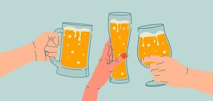 Outline drawing, cheers. Woman s and man s hands holding glass of beer. Flat illustration for greeting cards, postcards, invitations, menu design. Line art template vector