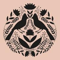 Symmetrical ornament with birds, flowers and leaves with different folk compositions. Motif in scandinavian style. Ethnic flat illustration with paper texture in white. vector