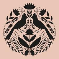 Symmetrical ornament with birds, flowers and leaves with different folk compositions. Motif in scandinavian style. Ethnic flat illustration with paper texture in white. vector