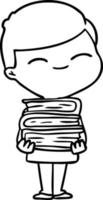 cartoon smiling boy with stack of books vector