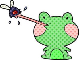 cute cartoon frog catching fly with tongue vector