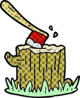 cartoon axe stuck in tree stump vector