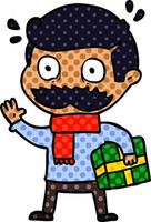 cartoon man with mustache and christmas present vector