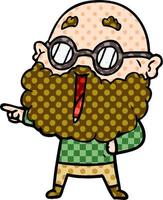 cartoon joyful man with beard pointing finger vector