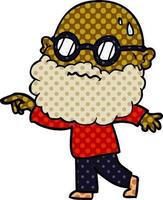 cartoon worried man with beard and spectacles pointing finger vector