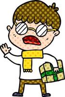 cartoon boy holding gift and wearing spectacles vector