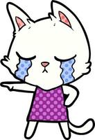 crying cartoon cat in dress pointing vector