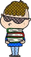 cartoon boy wearing sunglasses with stack of books vector