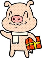 nervous cartoon pig with present vector