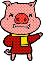 angry cartoon pig in winter clothes vector