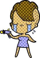 cartoon crying girl pointing ray gun vector