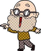 cartoon joyful man with beard pointing finger vector