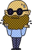 cartoon worried man with beard and sunglasses vector