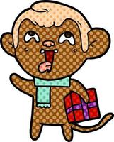 crazy cartoon monkey with christmas present vector