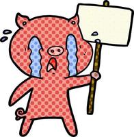 crying pig cartoon with protest sign vector