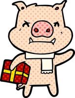 angry cartoon pig with christmas gift vector