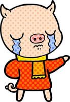 cartoon crying pig wearing scarf vector