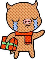 cartoon pig crying over christmas present vector