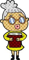 cartoon woman with book wearing spectacles vector