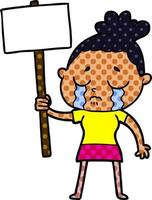 mujer llorando de dibujos animados con signo de protesta vector