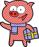 cheerful pig with christmas gift vector