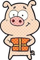 happy cartoon pig holding christmas present vector