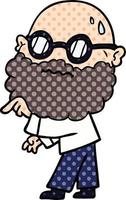 cartoon worried man with beard and spectacles pointing finger vector