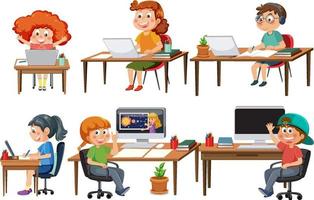 Set of different kids doing homework vector