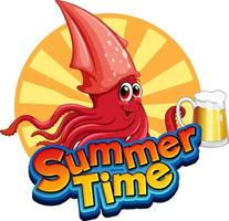 Summer time word with squid cartoon vector