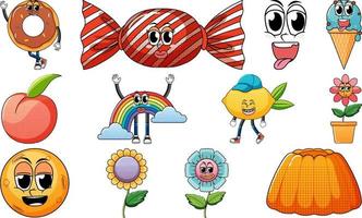 Set of objects and foods cartoon characters vector