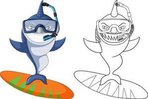 Shark cartoon character with its doodle outline surfing vector