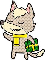 friendly cartoon wolf carrying christmas present vector