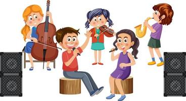 banda de orquesta con niños tocando instrumentos musicales vector