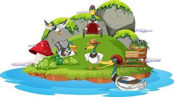 Happy duck group in nature scene vector