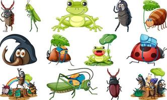 conjunto de varios dibujos animados de insectos y anfibios vector