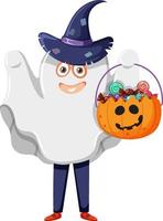 un niño vestido con un disfraz de fantasma truco o trato de halloween vector