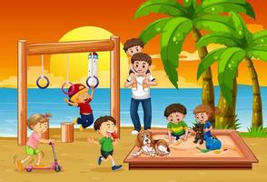 parque infantil en la playa con niños felices vector