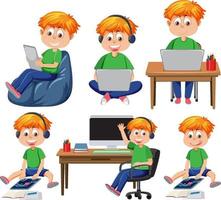 Set of kids using tablet and laptop vector