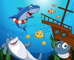 Shark cartoon character underwater scene vector