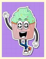 lindo personaje de dibujos animados de cupcake en el fondo de la cuadrícula vector