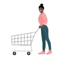 chica de piel oscura con un carrito de compras vacío, vector plano, aislado en blanco, comprador, consumidor