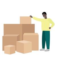 The black guy stands near a lot of boxes, the supplier of goods, isolated on white, flat vector, faceless illustration, cargo delivery vector