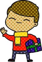 cartoon smiling boy with gift vector