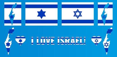 Set of vector illustrations with Israel flag, country outline map and heart. Travel concept.