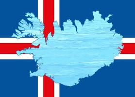 Outline map of Iceland with the image of the national flag. Ice inside the map. Collage. Energy crisis. vector